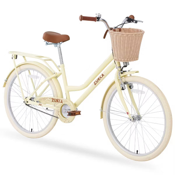 AENKYO 24-Inch Girls Bike with Basket, Low-Step Carbon Steel Frame, Easy to Assemble Adjustable Seat - Kids Bicycle for Boys and Girls