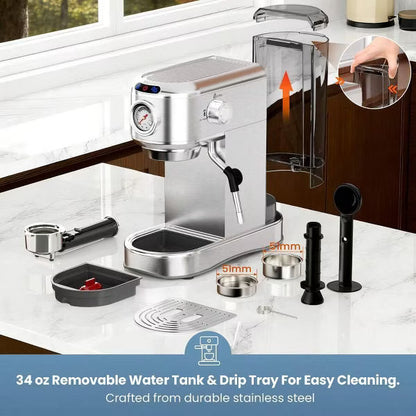 ToLife Espresso Machine, Compact Stainless Steel Maker with Milk Frother & 34oz Removable Tank for Home Latte & Cappuccino.