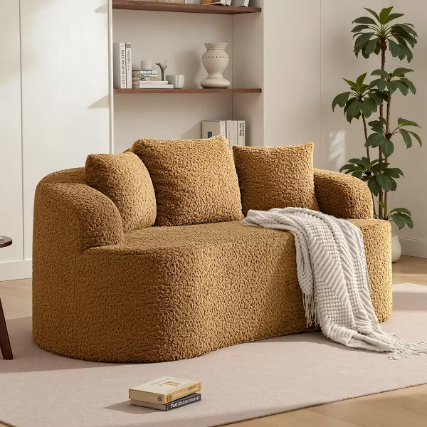 KERDOM 65.35" Curved Back Teddy Bear Fabric Sofa with Comfy Seat Cushion and 3 pillows, Suitable For Living room, Brown