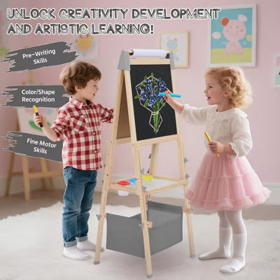 TODECARE Kids 3-in-1 Adjustable Kids Art Easel with Magnetic Whiteboard, Chalkboard, Paper Roll and Storage, Pink