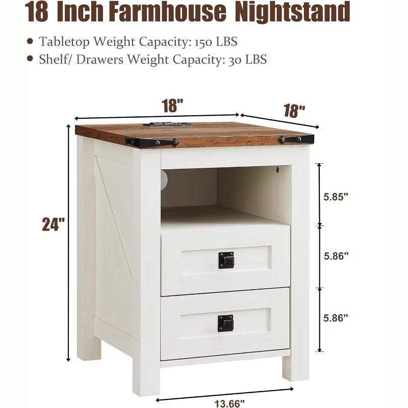 Farmhouse Nightstand wtih Charging Station, 18" End Table Side Table with 2 Drawers for Bedroom, Living Room