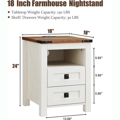 Farmhouse Nightstand wtih Charging Station, 18" End Table Side Table with 2 Drawers for Bedroom, Living Room