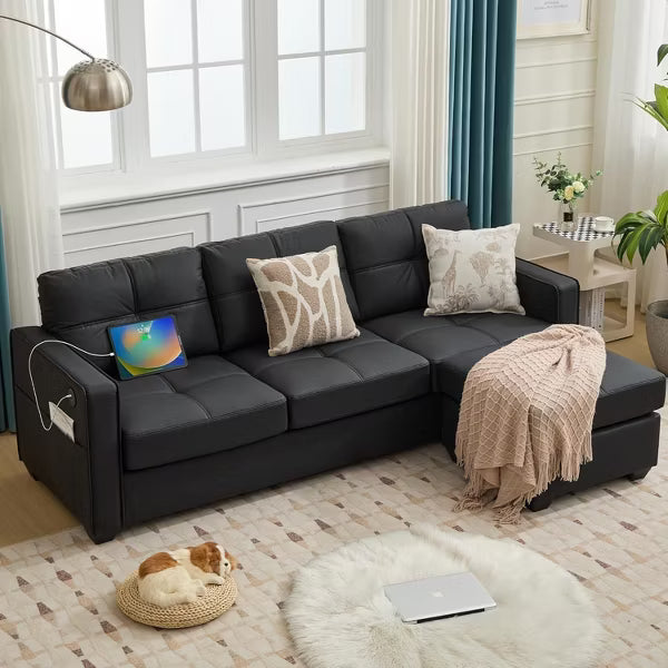 TYBOATLE 88" Faux Leather L-Shaped Sectional Sofa, Comfy Modular Couch with Chaise & USB, Convertible Sofa for Living Room, Bedroom, or Small Spaces