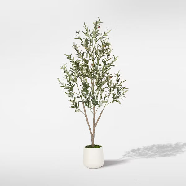 Romswi Olive Faux Tree, 5 ft Tall Artificial Olive Tree with White Tall Pot, with Natural Leaves Lifelike Fruits for Home Office Decor Indoor