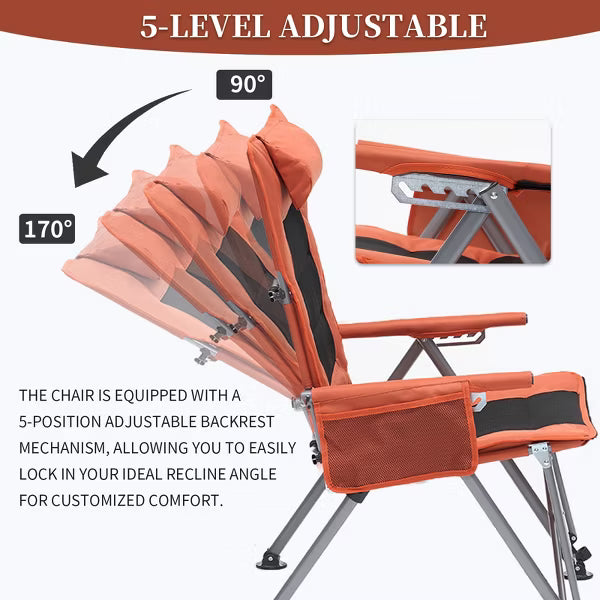5-Position Adjustable Reclining Camping Chair, Side Pocket & Carry Bag, Heavy Duty , Portable Outdoor Chair for Beach, Camping, Patio, Orange
