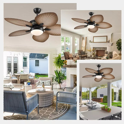 Kviflon 52 Inch Tropical Ceiling Fan with Dimmable LED Light and Remote Control, Palm Leaf Blades, Indoor/Outdoor, Reversible Motor, 6 Speeds