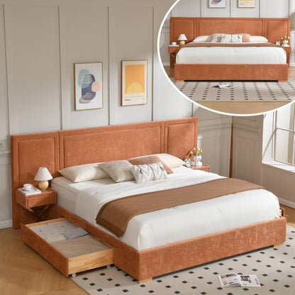 King Size Hotel-Style Bed with Floating Nightstands,Storage Drawers,Upholstered,Noise-Free,No Box Spring Needed,Easy Assembly,Orange