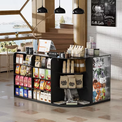 PAKASEPT L-Shaped Reception Desk with Counter for Retail & Checkout, Front Reception Counter with Drawers & Shelves, for Beauty Salon,Shop,Bar, Black