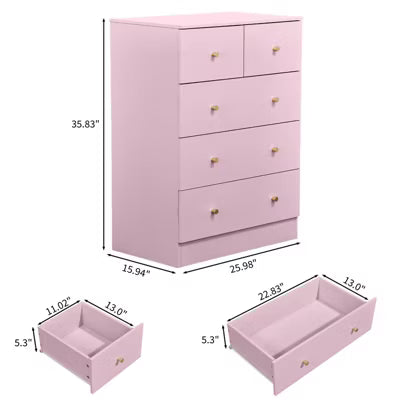 CIPACHO 5 Drawer Cabinet - Macaron Powder Melamine Veneer Particleboard with Matte Gold Handles