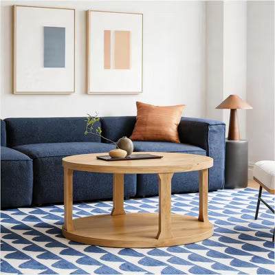WOWLIVE Round Coffee Table with Storage Shelf for Living Room, Light Oak