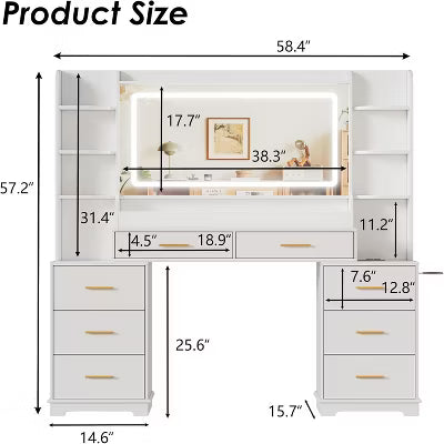 PAKASEPT 58.4" W Vanity Desk with LED Lights & Power Outlet, Mondern Makeup Vanity with 8Drawers & Hair Dryer Stand, for Bedroom Dressing Room