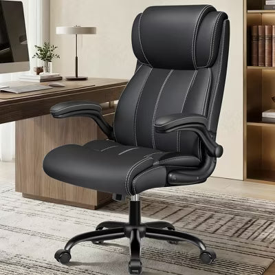 KERDOM Ergonomic Office Chair,Desk Computer Chair, Leather High Back Executive Chairs with Adjustable Lumbar Support & Flip Up Arms, Rocking, Black
