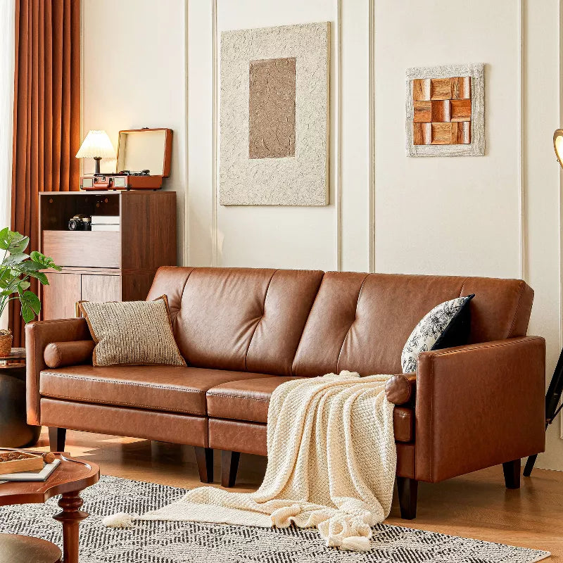 ATJafurn 86 inch Genuine Leather Sofa, Mid-Century Modern Upholstered Sectional Couch Retro Luxurious Loveseat for Living Room Bedroom Office