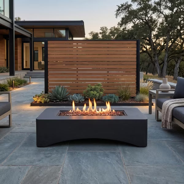 56" Rectangular Concrete Propane Fire Pit Table - 50,000 BTU Outdoor Gas Fire Table with Waterproof Cover, Lava Rocks & Tank Seat