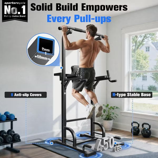 Sportsroyals Power Tower Pull Up Bar Station, 450LBS Stable Pull Up Dip Station for Home Gym Strength Training Equipmen