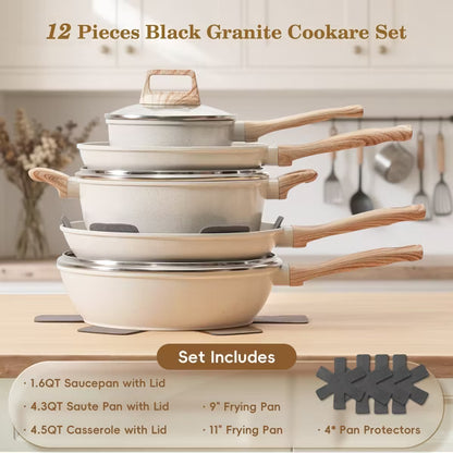 SODAY 12 Pcs Pots and Pans Set, Nonstick Cookware Sets White Granite Induction Cookware,Non Stick Kitchen Cooking Set with Frying Pans Set,Saucepans