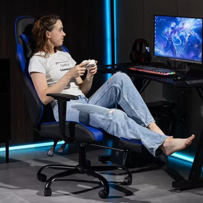 Bosmiller Reclining Gaming Chair with Footrest, Massage Racing Office Chair, PU Leather Computer Desk Chair with Head Pillow for Adults, Blue