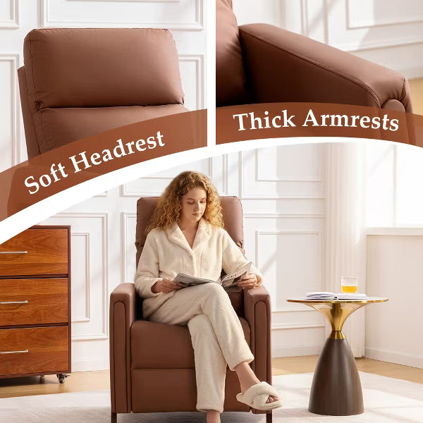 KERDOM Mid-Century Manual Recliner Chair, PU Leather Reclining Armchair with Wood Frame, Adjustable Single Recliner for Living Room Bedroom,Camel