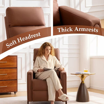 KERDOM Mid-Century Manual Recliner Chair, PU Leather Reclining Armchair with Wood Frame, Adjustable Single Recliner for Living Room Bedroom,Camel