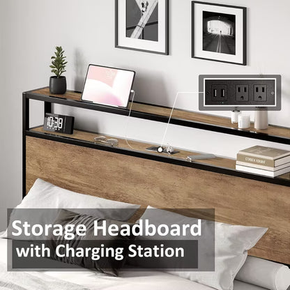 AMERLIFE Platform Bed Frame with Charging Station Storage Headboard, Noise-Free