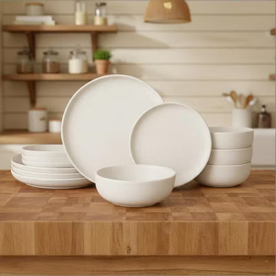 GreenElevate Porcelain Elegance 12-Piece Dinnerware Set for 4, Plates&Bowls, Microwave & Dishwasher Safe, Non-Toxic Matte Glaze, Stackable Kitchenware
