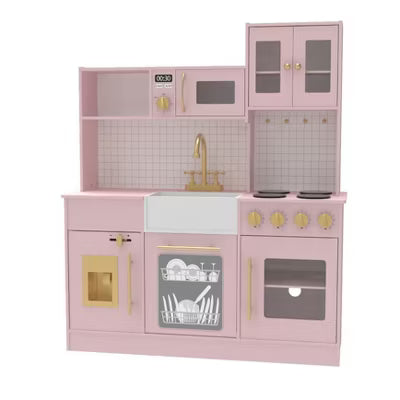 Kinder King Wooden Kids Play Kitchen, Toy Kitchen Playset for Toddler, Pretend Oven, Microwave, Realistic Kitchen Sets for Boys Girls Age 3+, Pink