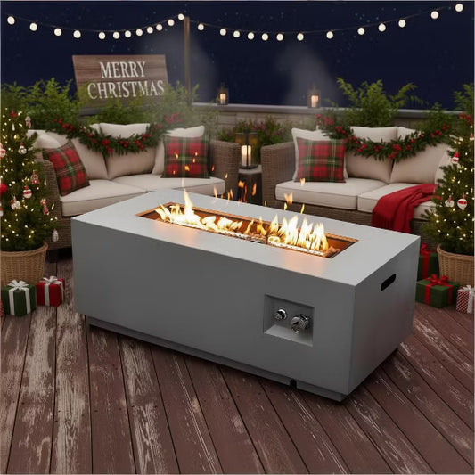 42" Outdoor Propane Gas Fire Pit Table 2-Pieces, 50000 BTU Rectangular Steel Fire Pit with Glass Wind Guard for Outside Patio Garden Courtyard -Gray