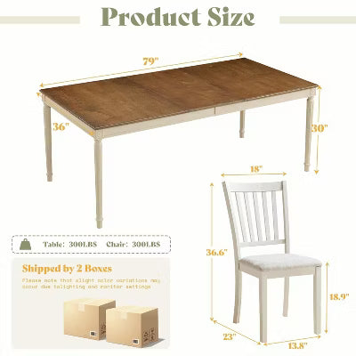 AMERLIFE Farmhouse Dining Set, 79" Solid Wood Table with 8 Upholstered Chairs, Roman-Style Tapered Legs, for Kitchen & Dining Room, Brown & White