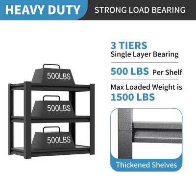 Yukimo 31.5"H 3-Tier Heavy Duty Metal Storage Shelves - 1200LBS Capacity, Adjustable Utility Rack for Garage, Kitchen, Bedroom, Powder Coated Black