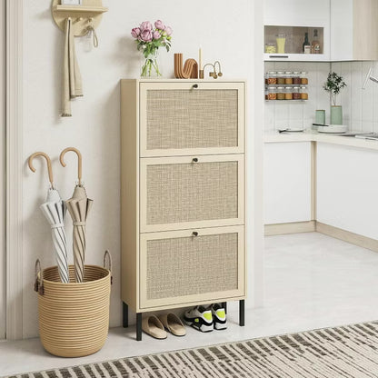 Hooseng Boho Style 3 Rattan Drawers Shoe Storage Cabinet With MDF Frame And Metal Legs, Freestanding Shoe Storage Unit Organizer With Adjustable Panel