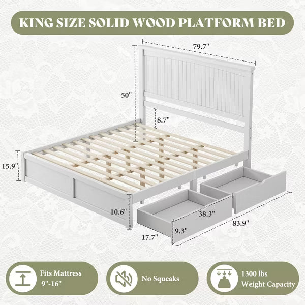 AMERLIFE Solid Wood Storage Mid-Century Bed Frame with 50" Headboard, 2 Drawers, No Box Spring Needed, Noise-Free