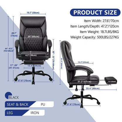 KERDOM Leather Office Chair, Big and Tall Home Office Desk Chairs with Adjustable Padded Headrest Armrest, Black