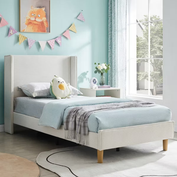 Corduroy Upholstered Platform Bed Frame | Modern Wingback Headboard with Underneath Storage, No Box Spring Needed