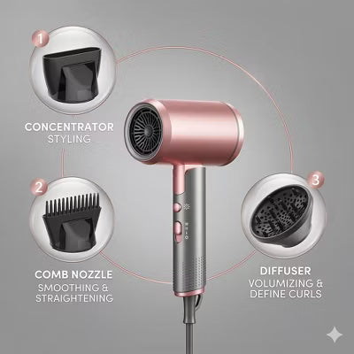 Hoey 1800W Professional Ionic Hair Dryer with Diffuser and Concentrator Attachments - 3 Heat Settings