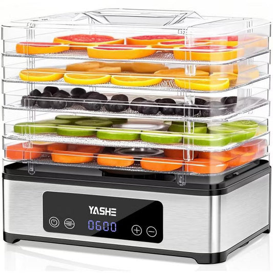 YASHE Food Dehydrator, 5 Stainless Steel Trays, 48H Timer, Temp Control, 420W, Includes Recipe Book, for Jerky, Fruits, Herbs, Meat, Dog Treats