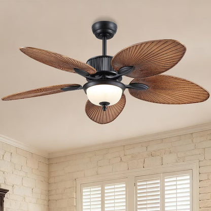 50 Inch Tropical Ceiling Fan with Light and Remote Glass Light Cover Palm Leaf Blades