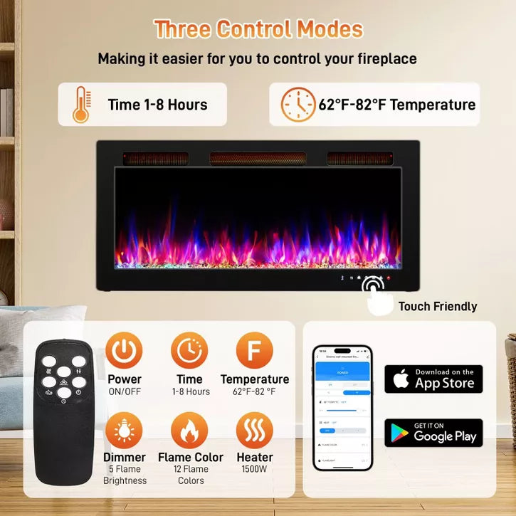 Karl Home 1500-Watt 36-inch Electric Fireplace Insert / Wall-Mounted Electric Fireplace with WIFI Function