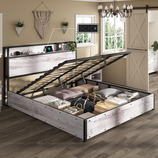 AMERLIFE Lift Up Storage Bed Frame with Lifting Storage & Charging Station