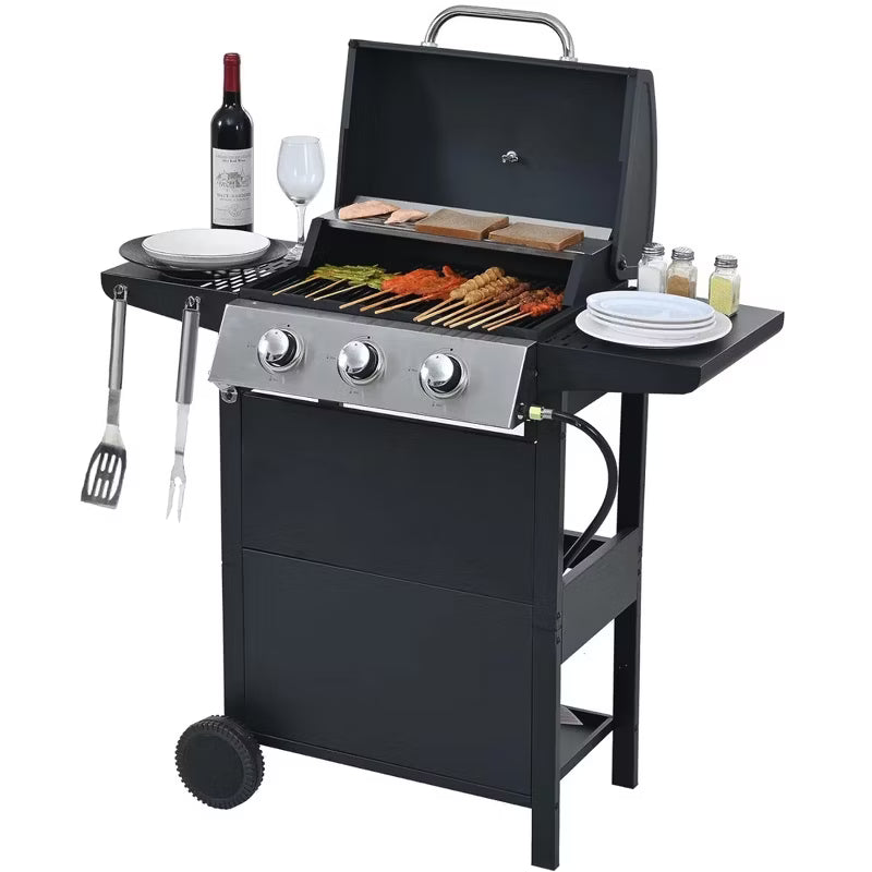 ELJGET 3 Burner Grill Propane Gas Grill, Outdoor Stainless Steel 25650 BTU Patio Garden BBQ Grill with Lid, Wheels, RV Camping Barbecue