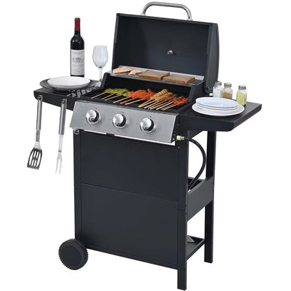 ELJGET 3 Burner Grill Propane Gas Grill, Outdoor Stainless Steel 25650 BTU Patio Garden BBQ Grill with Lid, Wheels, RV Camping Barbecue