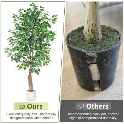 Romswi 5FT 6FT Artificial Ficus Tree with White Planter, Realistic Leaves, Natural Wood Trunk, Faux Greenry Plant, Indoor Home Office Decor 5-FT