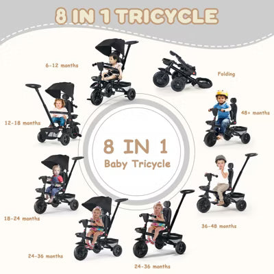 TODECARE 7-in-1 Baby Folding Stroller Tricycle with Adjustable Push Handle and Canopy