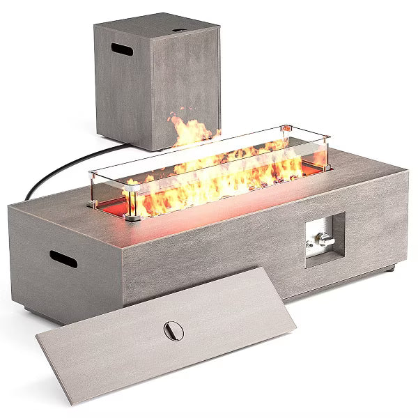 Evita Outdoor Fire Pit Table, 50,000 BTU Gas Fire Pit with Propane Tank, Windshield, Glass Stone and Rain Cover- 42*20*12 Inch, Brown