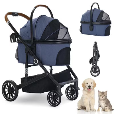TODECARE 3-in-1 Folding Pet Stroller for Small to Medium Dogs and Cats up to 50 lbs with Storage Basket, Black