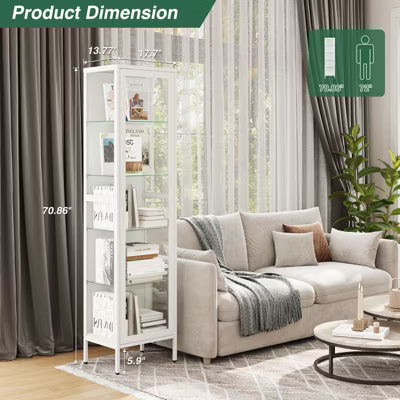 Mlezan 71" Display Cabinet: Metal, Glass Doors, 4 Adjustable Shelves. Curio Case for Home, Office, or Pantry. Assembly Required.