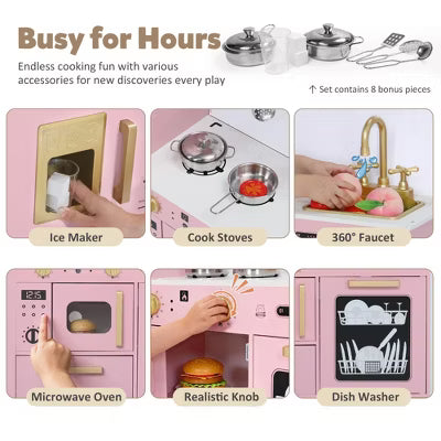 TODECARE Wooden Play Kitchen for Kids with Sink, Microwave, Ice Maker and Dishwasher, Gift for Boys and Girls Age 3+