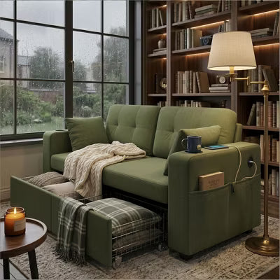Convertible Sectional Sofa with Hidden Storage & Side Pockets, Comfy Fabric Sleeper Couch with Built-in USB Ports & Cup Holders for Small Spaces