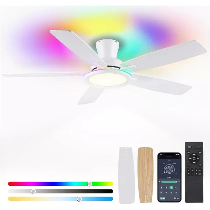 52 Inch Flush Mount Low Profile Ceiling Fan with Light and Remote for Living Room Bedroom