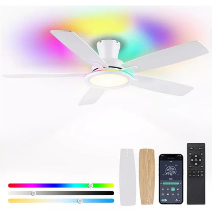 52 Inch Flush Mount Low Profile Ceiling Fan with Light and Remote for Living Room Bedroom