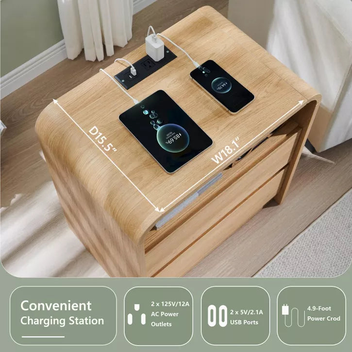 SinCiDo 25" Tall Modern Nightstand, Wood Bedside Table w/Charging Station & 2 Drawers, Mid Century End Table for Bedroom, Living Room